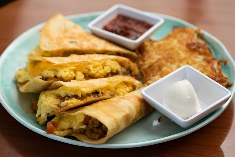 Breakfast platter with quesadillas, hash browns, salsa, and sour cream on a teal plate.