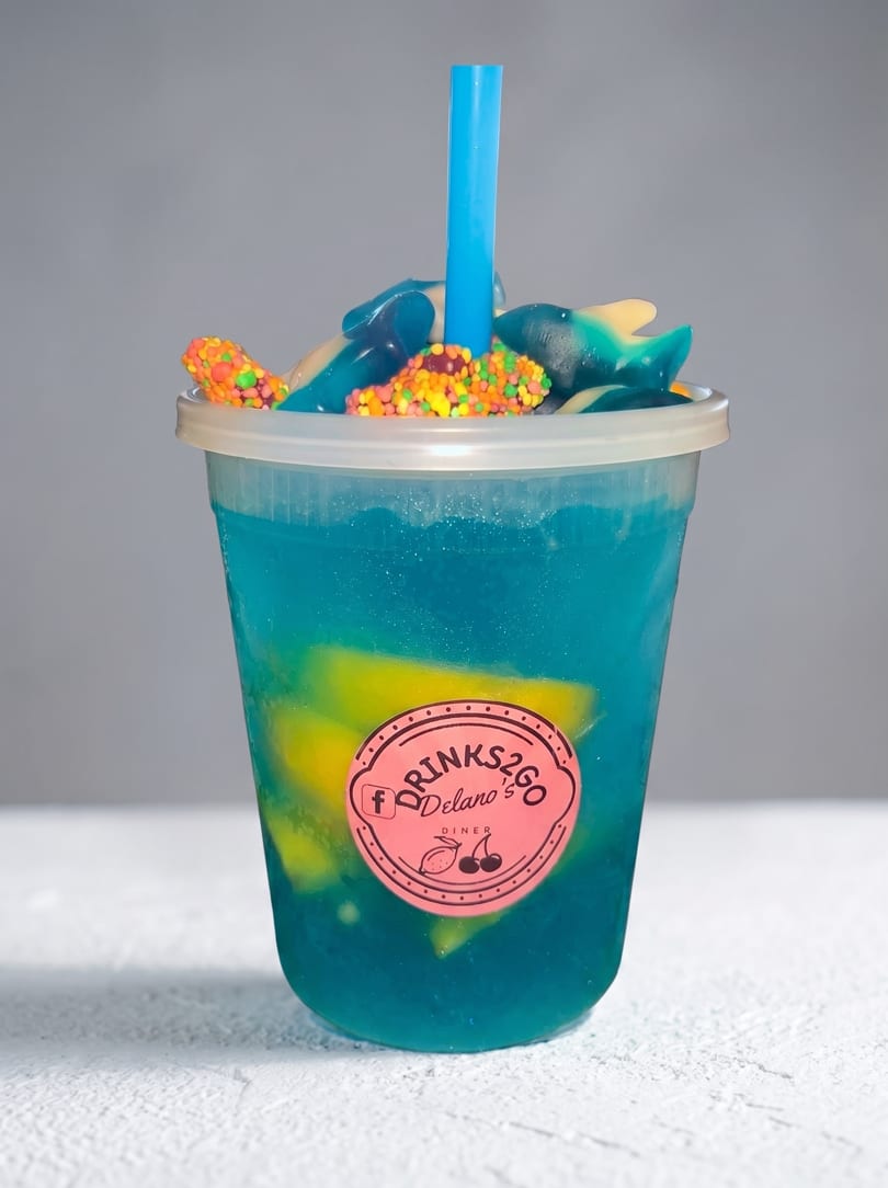 Blue slushie drink with gummy sharks, colorful sprinkles, and a blue straw in a clear cup.